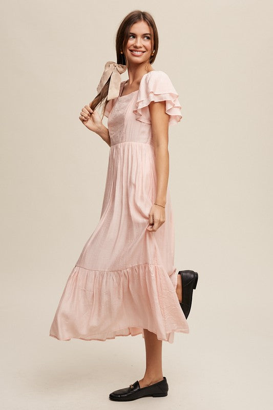 blush, pink, dress, flutter sleeve, double flutter sleeve, square neck, a line, tiered hem, tiered skirt, tiers, midi, long, midi dress, bridesmaid, wedding, church, portrait, family photos dress, vici, vici collection, red dress, shop red dress, zara, forever 21, zoco, shop zoco, bohme, jessa kae, rachel parcell, rachel parcel, mod boutique, baltic born, ivy city co, shop stevie, altard state, altar'd,