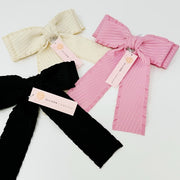 large hair bow, stripe, hair bow, long tails, double bow, ruffle, black, hair bow, clip, vici, vici collection, red dress, shop red dress, zara, forever 21, zoco, shop zoco, bohme, jessa kae, rachel parcell, rachel parcel, mod boutique, baltic born, ivy city co, shop stevie, altard state, altar'd, preppy, cream, ivory, black, pink, blush, barbie