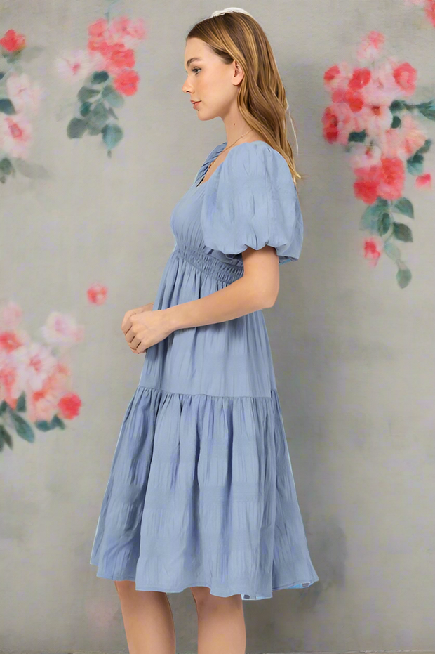 blue, dress, cinched waist, tiered skirt, textured, puff sleeve, sweetheart neck, knee length, midi, flowy, bridesmaid, wedding, dress, vici, vici collection, red dress, shop red dress, zara, forever 21, zoco, shop zoco, bohme, jessa kae, rachel parcell, rachel parcel, mod boutique, baltic born, ivy city co, shop stevie, altard state, altar'd,